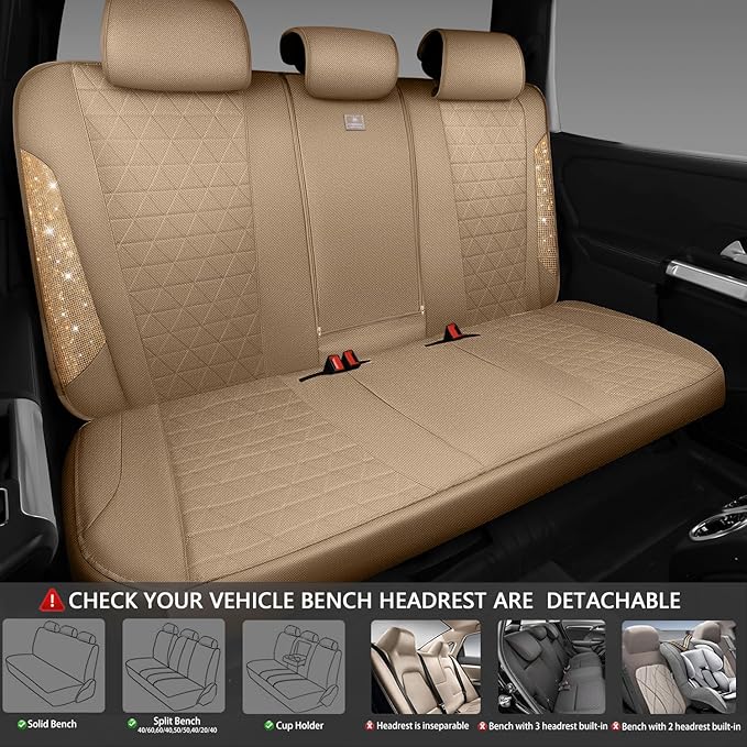 CAR PASS Beige Oxford Bling Diamond Car Seat Covers Full Set Interior Sets, Waterproof Shining Glitter Sparkly Crystal Univer