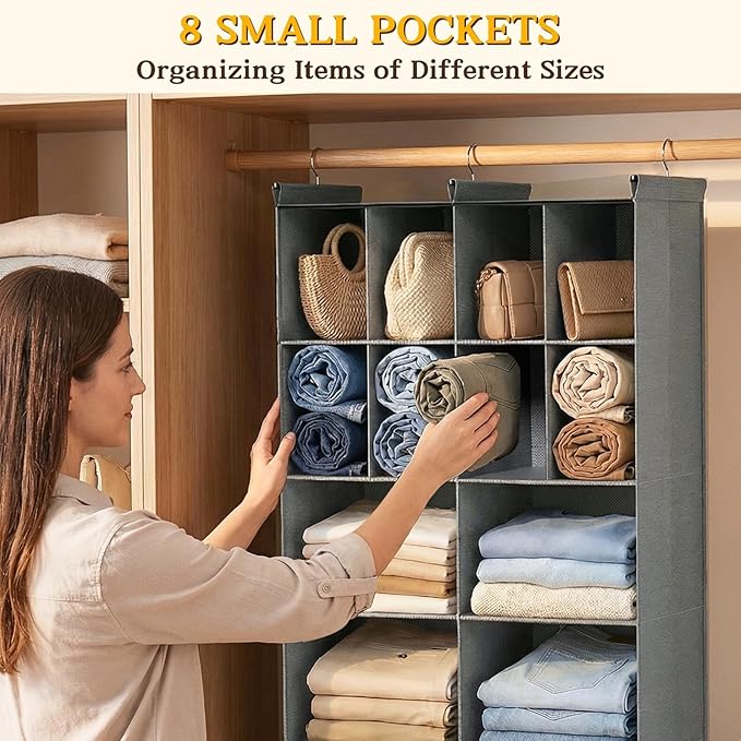 Ofiray-home 4 Tier Hanging Closet Organizer, 12 Compartments Sweater Organizer for Closet with 3 Sturdy Hooks, Closet Organiz
