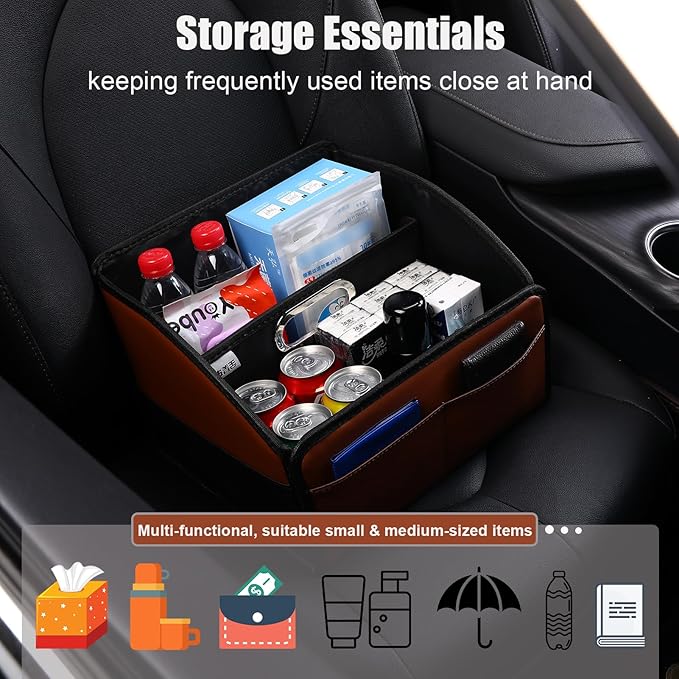 [2025 UPDATED] Leather Car Seat Organizer, Foldable Storage Box for Front Seat, Back Seats & Floor - Removable Divider,