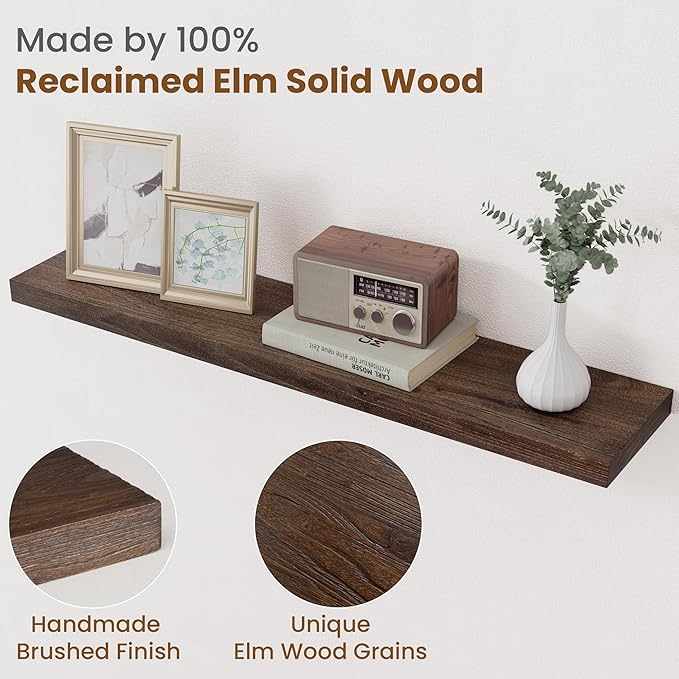 Floating Shelves for Wall Decor, 8 Inch Deep Rustic Solid Elm Wood Floating Shelves Wall Mounted, Wall Shelves with Invisible