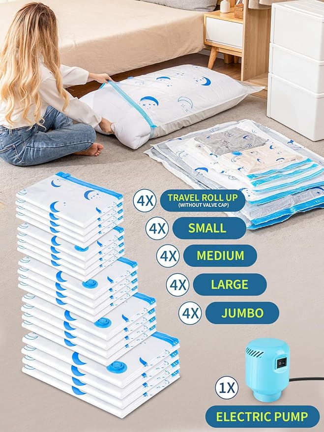 Vacuum Storage Bags with Electric Air Pump, 20 Pack (4 Jumbo, 4 Large, 4 Medium, 4 Small, 4 Roll Up Bags) Space Saving Bag fo