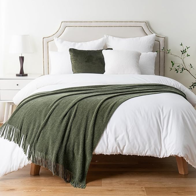 BATTILO HOME Olive Green Throw Blanket for Couch, Soft Chenille Knit Throws with Tassels for Home Decor, Green Blankets and T