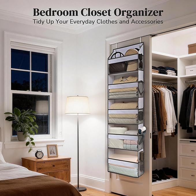 5 Tiers Ultra-thin Over Door Organizer with 10 Mesh Side Pockets, 44 lbs Weight Capacity Hanging Storage Organizer with Clear