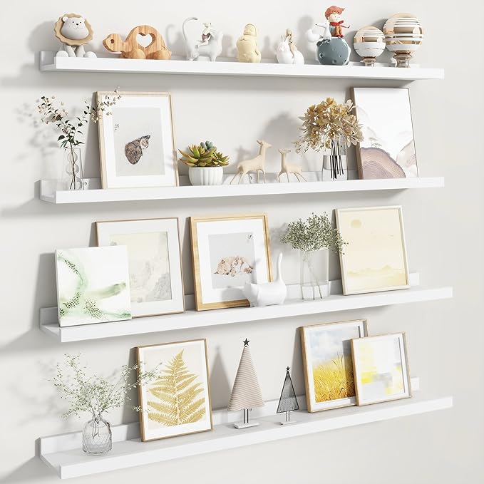 Fun Memories Picture Ledge Shelf, White Floating Shelves Set of 4, 40 Inch Picture Shelves for Wall with Ledge, Large Nursery