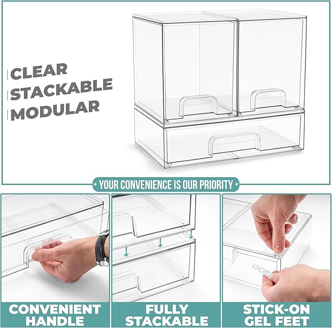 Sorbus Acrylic Storage Containers - 3 Pack, Stackable Storage Bins Set for Bathroom Organization - Clear Acrylic Drawer Organ