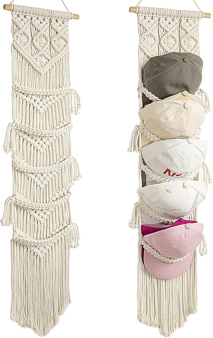 jontell Cap Holder-3 Pack-Hat Organizer for 30 Baseball Caps, Macrame Hat Rack for Wall, Cap Rack for Decoration and Display,