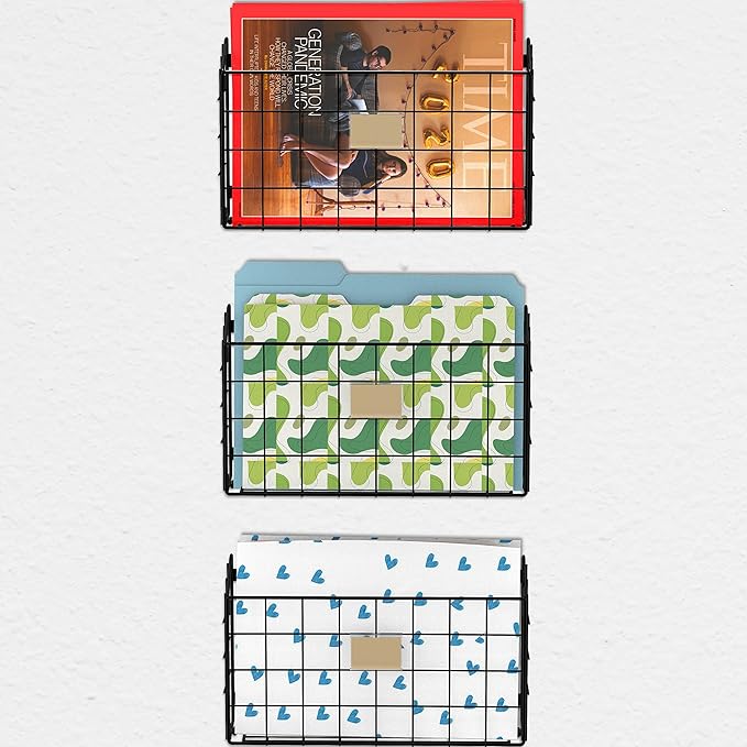 Simple Houseware Grid Single Pocket Wall Mount File Holder with Tag Slots, 3 Packs, Black