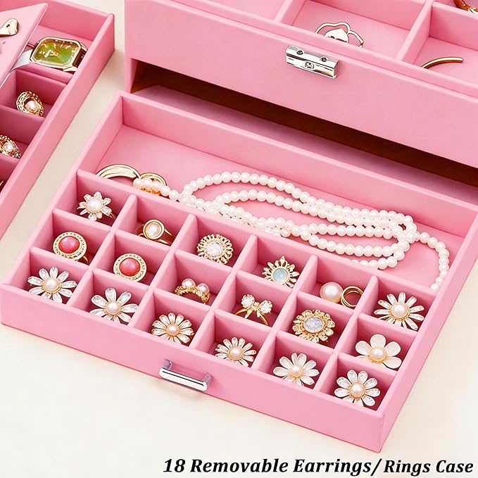 QBestry 3-Layer Jewelry Box for Girls & Teens with Lock and Key, Large Jewelry Organizer with 8 Necklace Hooks & 56 Earring H