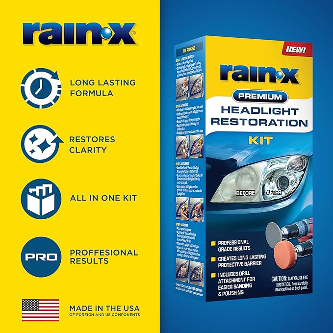 Rain-X 610153 Headlight Restoration Kit - Car Light Lens Cleaner/Restorer with Sanding & Polishing Drill Attachments & Sealan
