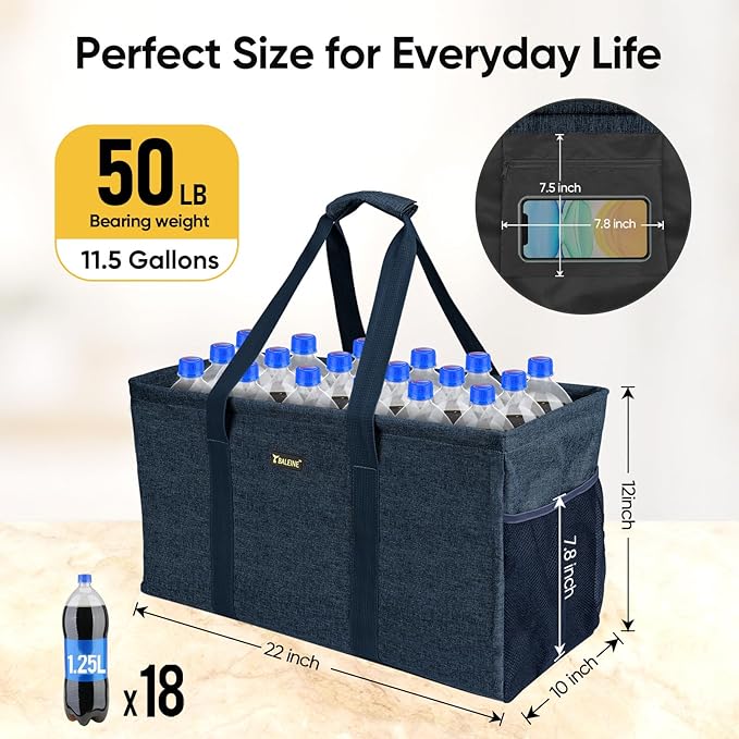 BALEINE Extra Large Utility Tote Bag with Reinforced Wire Frame, Reusable Grocery Bag for Shopping, Picnic (Blue, 22''x12''x10'')