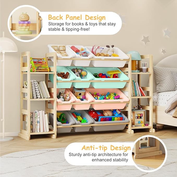 EXPERLAM Extra Large Toy Storage - Toy Storage Organizer, Wooden Toy Organizer with 6 Side Shelves and 12 Bins, 3-in-1 Booksh