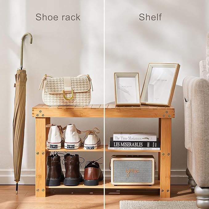 Pipishell 3 Tier Bamboo Shoe Rack Bench - Sturdy Shoe Organizer Holds up to 300lbs for Entryway, Bedroom, Living Room, Balcon