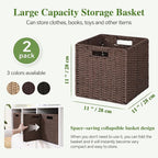 Woven Wicker Storage Baskets 2-Pack, 11x11 Handwoven Paper Rope Organizer Bins, Foldable Cube Storage Cubes with Built-in Han