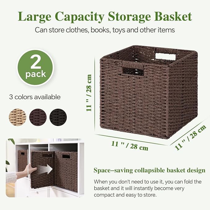 Woven Wicker Storage Baskets 2-Pack, 11x11 Handwoven Paper Rope Organizer Bins, Foldable Cube Storage Cubes with Built-in Han