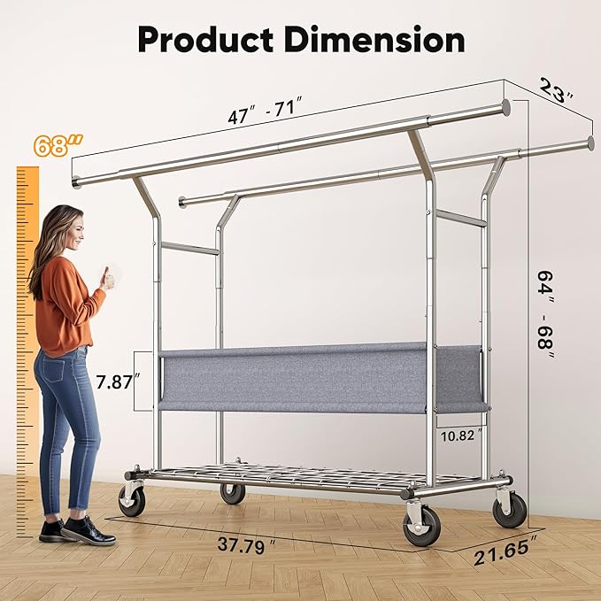 HOKEEPER Clothing Rack Heavy Duty Clothes Rack for Hanging Clothes Load 625LBS Extendable Double Rod Clothes Rack, Adjustable