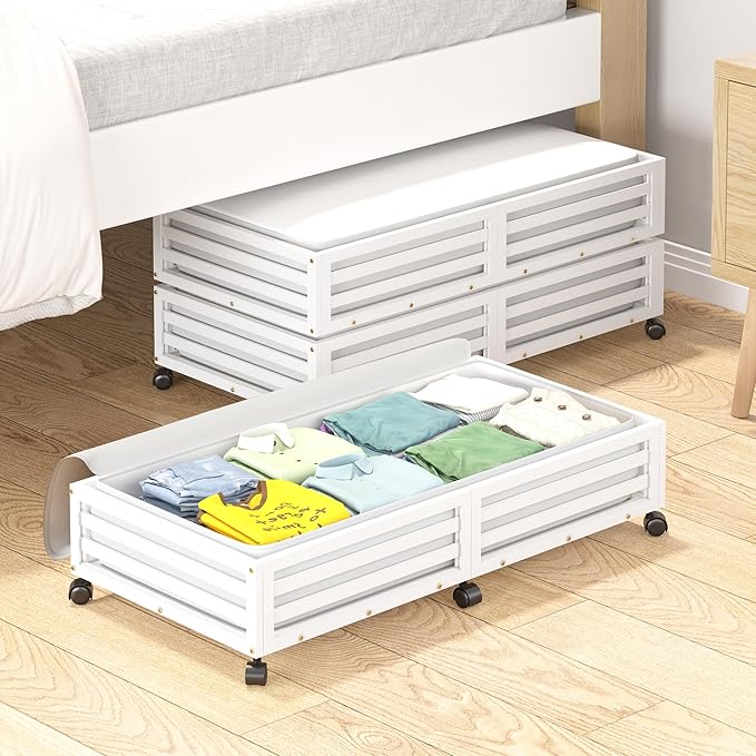 Bamboo Under Bed Storage Containers- Underbed Organizer with Wheels with Large Capacity Dust Bag,Sturdy Wood Rolling Under Be