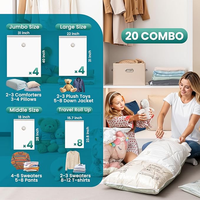 TAILI 20 Pack Combo Vacuum Storage Bags, Vacuum Seal Bags for Clothing (4 Jumbo, 4 Large, 4 Medium, 8 Travel Roll), Space Sav