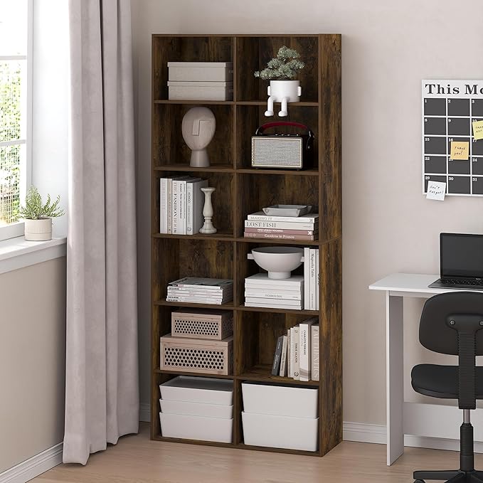 Furinno Basic Book Shelf, 12-Cube Bookshelf, Bookcase with Open Shelf, Cube Storage Organizer, 12 x 32 x 71, for Living Room,