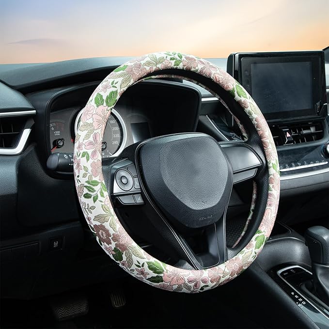 Retro Pink and Purple Flowers Steering Wheel Cover Auto Jacquard Steering Wheel Protector, Anti-Slip, Breathable, Absorbing Sweat, Universal Car Accessories 14.5–15 inch,Fit for Most Car, Trucks, SUV