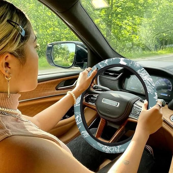 10 PCE Mushrooms Car Steering Wheel Cover for Women Center Console Armrest Pad Headrest Seat Belt Cover Car Accessories for Women Interior.(Snowflake Leaf)