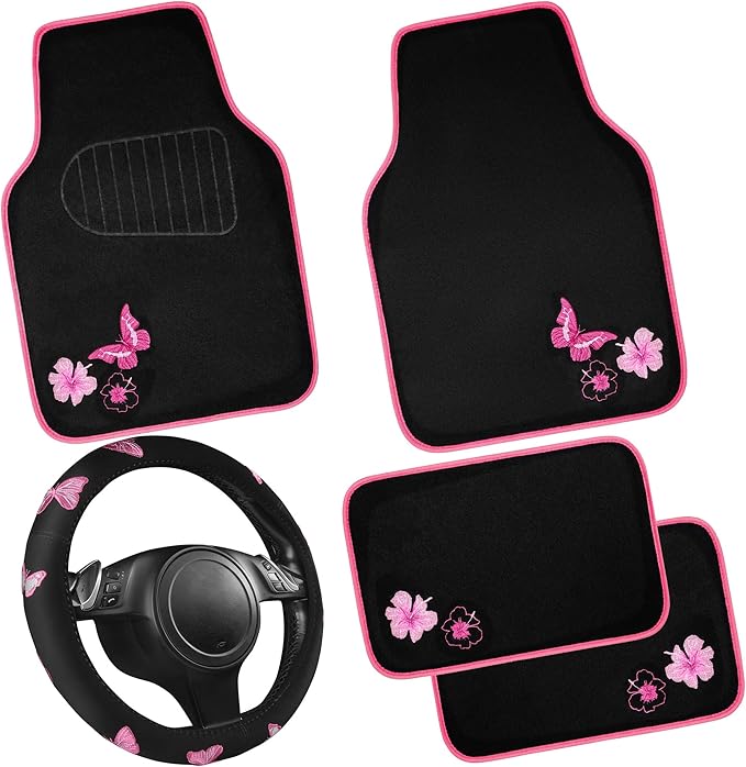 CAR PASS Embroidery Butterfly Steering Wheel Cover and Waterproof Car Floor Mats,Pink Car Mats 14.5-15inch Steering Wheel Cov