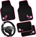 CAR PASS Embroidery Butterfly Steering Wheel Cover and Waterproof Car Floor Mats,Pink Car Mats 14.5-15inch Steering Wheel Cov