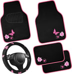CAR PASS Embroidery Butterfly Steering Wheel Cover and Waterproof Car Floor Mats,Pink Car Mats 14.5-15inch Steering Wheel Cov