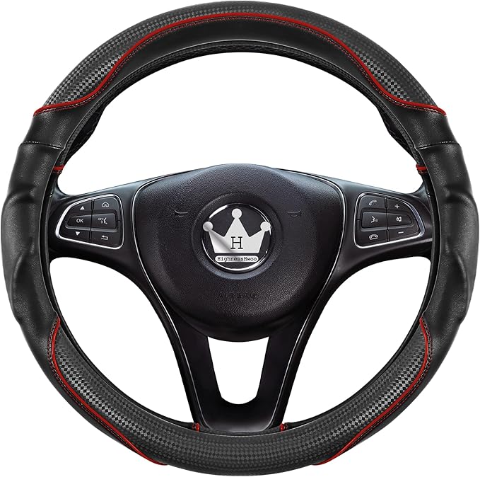 HighnessHwoo 3D Car Steering Wheel Cover Comfort Grip Massage Sporty Anti-Slip Carbon Fiber Faux Leather for F150, Trucks, Je