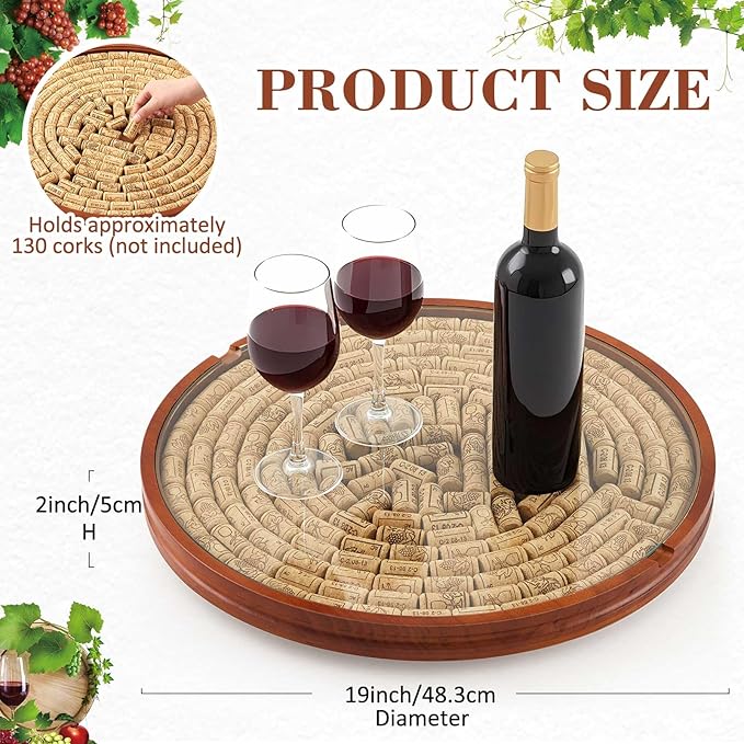 Maxdot Wine Cork Holder Decorative Wine Lover Creative Wedding Gifts for Couples Wooden Lazy Susan for Countertop with Glass 
