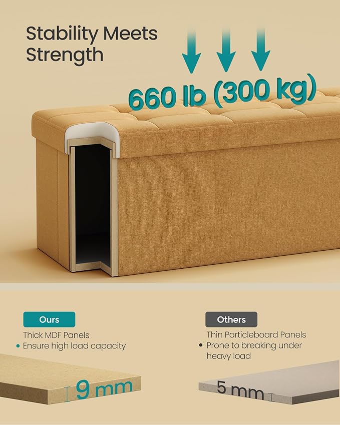 SONGMICS Mazie Collection - Storage Ottoman Bench, 43 Inches Folding Foot Rest Stool, End of Bed Bench, Easy Assembly, for Li