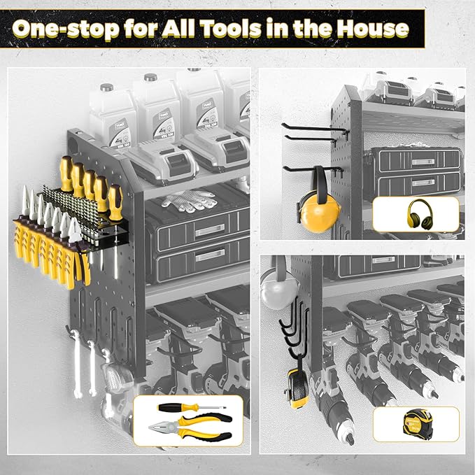 KAFAHOM Power Tool Organizer，Large 8 Drill Holder Wall Mount ，Heavy Duty Metal Tool Shelf with 12 Hooks Storage Rack for Gara