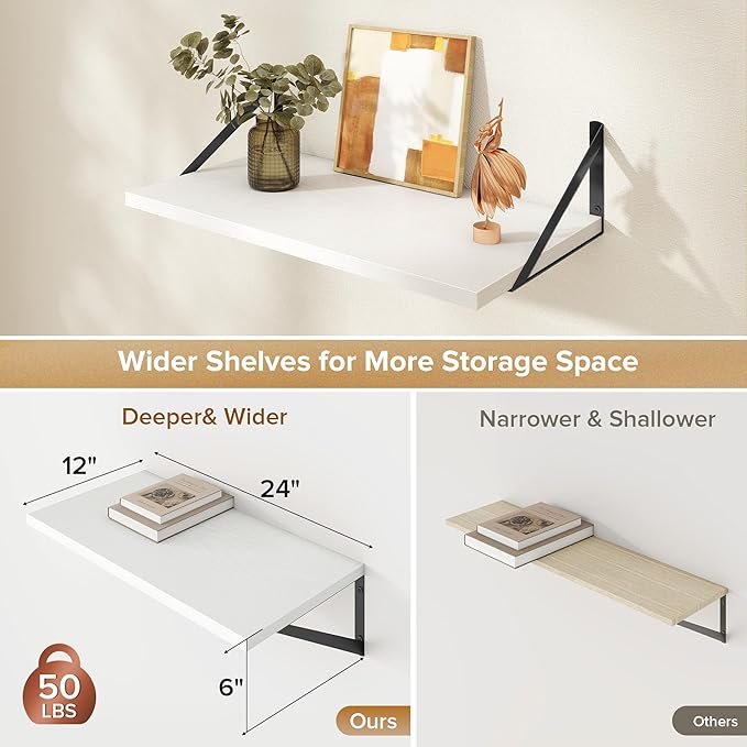 Deep Floating Shelves Wall Mounted, 24"x12" White Wall Shelves with Brackets Set of 2 for Bedroom, Living Room, Bathroom, Kit