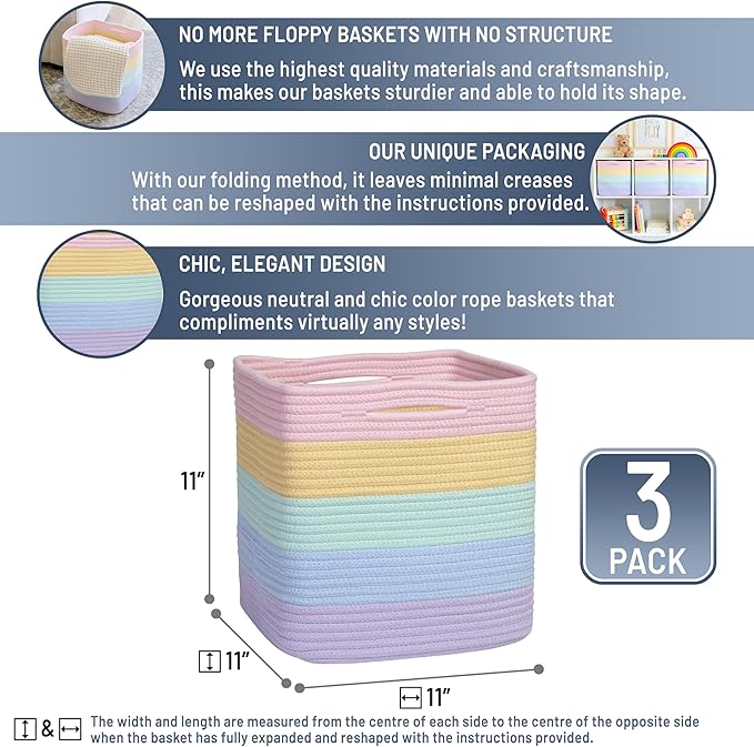 NaturalCozy Storage Cubes 11 Inch Cotton Rope Woven Baskets for Organizing, 3-Pack | Cube Storage Bin | Square Storage Basket