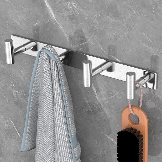 VAEHOLD Silver Hat and Coat Wall Mount Rack - Coat Rack with 4 Hooks for Robes, Bags, Keys, and Towels - Bathroom Towel Hange