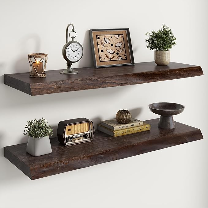 Live Edge Elm Floating Shelves For Wall - 36" W x 9.3" D Rustic Solid Wood Shelves with Invisible Bracket, Wall-Mounted Stora