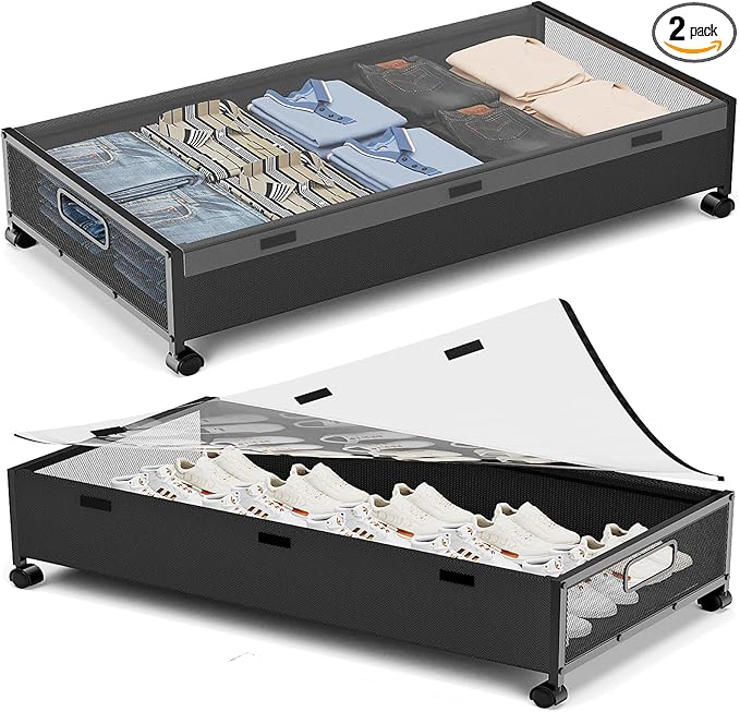 KITHELP Under Bed Storage with Wheels,2 Pack Under Bed Shoe Storage, Under the Bed Storage Drawers with Remove Window, Extra 