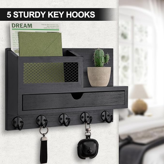 Key Holder Wall Mount, Key Holder for Wall with 5 Key Hooks and Storage Drawer Mail Organizer for Entryway Living Room Farmho