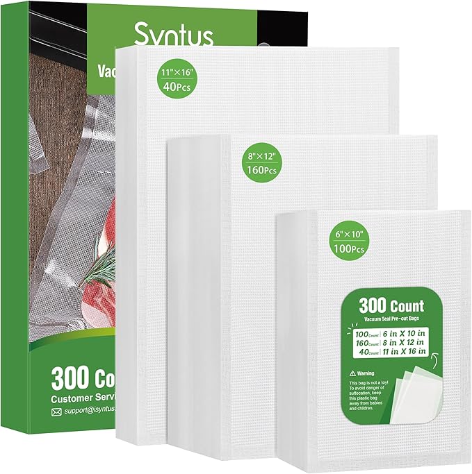 Syntus 300 Count Vacuum Sealer Bags, 40 Gallon 11" x 16" and 160 Quart 8" x 12" and 100 Pint 6" x 10" for Seal a Meal, BPA Fr