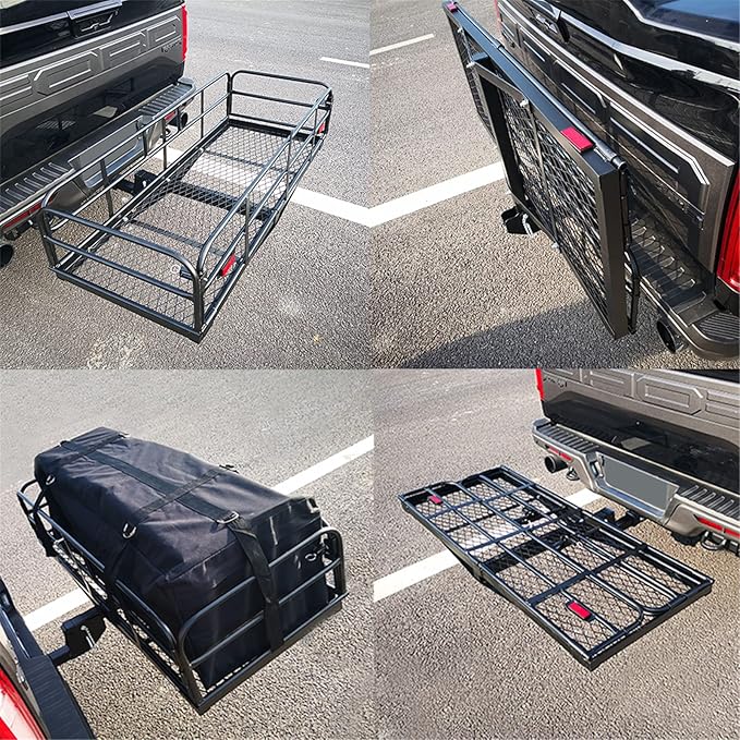 500 Lbs Heavy Duty Hitch Mount Cargo Carrier 60" x 24" x 14.4" Folding Cargo Rack Rear Luggage Basket Fits 2" Receiver for Car SUV Camping Traveling