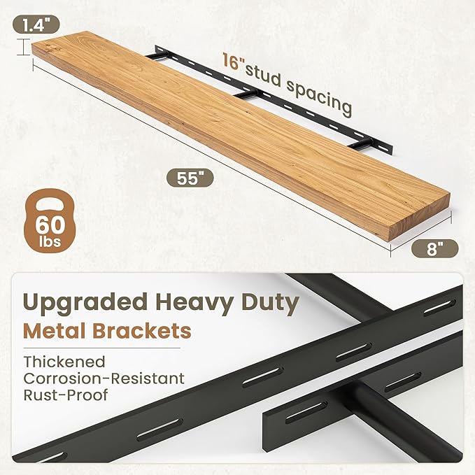 Fun Memories Solid Elm Wood Floating Shelves Set of 1-55 Inch Rustic Wall Shelves with Heavy-Duty Invisible Brackets - for Li
