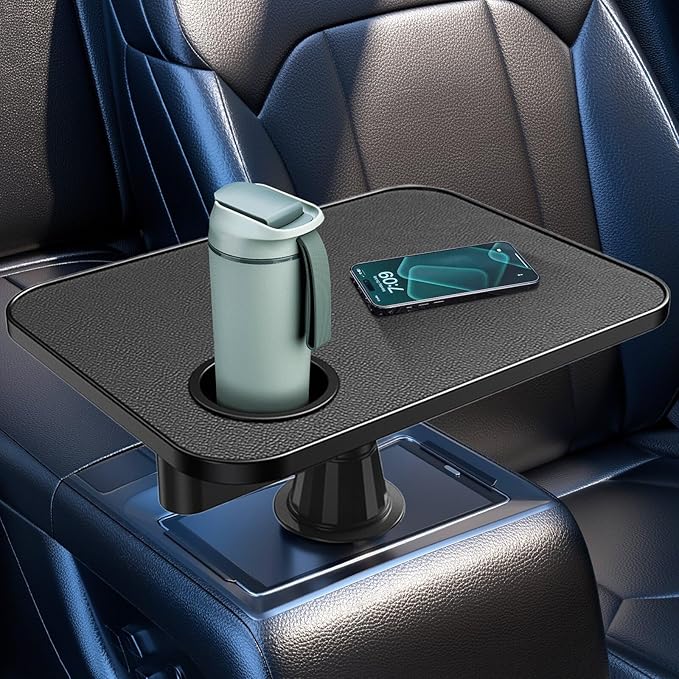 Car Tray& Car Desk for Laptop,Dual 360° Rotating,Anti Slip Leather Surface, Food Tray, Cup Holder Table Compatible with Tesla Model Y/3/S, Ford F150/Explorer/Maverick/Home Theater Seating (Black)
