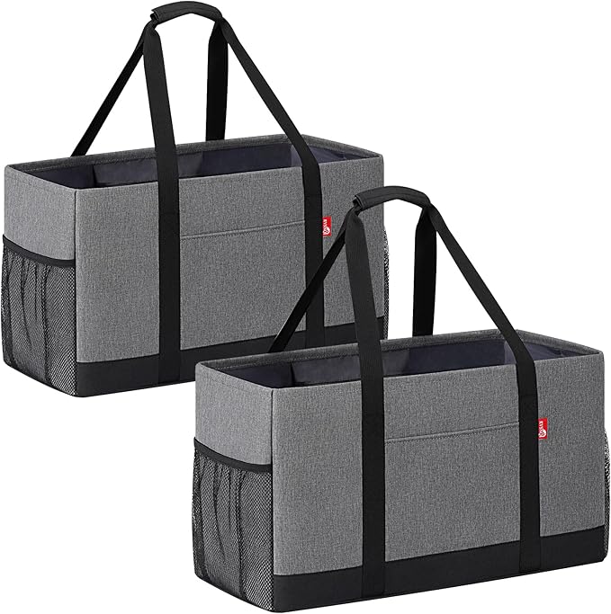 Extra Large Utility Tote Bag, Foldable Reusable Grocery Bags, Collapsible Tote with Metal Wire Frame & Reinforced Bottom Board, Stand up Large Utility Tote for Groceries, Shopping, Storage