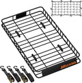 Mockins 50"x36"x4.5" Extendable Car Rooftop Cargo Carrier Rack | 250 Lbs. Capacity Weatherproof Steel Universal Roof Rack Basket | Heavy Duty Car Roof Cargo Carrier Set w/Ratchet Straps & Bungee Net