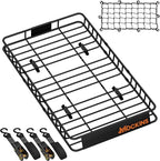 Mockins 50"x36"x4.5" Extendable Car Rooftop Cargo Carrier Rack | 250 Lbs. Capacity Weatherproof Steel Universal Roof Rack Basket | Heavy Duty Car Roof Cargo Carrier Set w/Ratchet Straps & Bungee Net