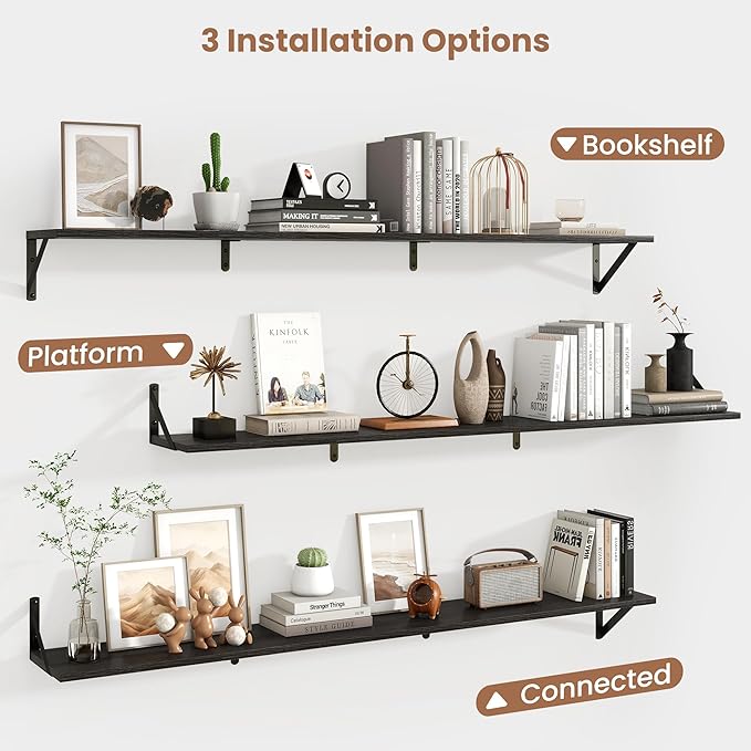 Axeman 55 Inch Floating Shelves | 8 Inch Deep Black Wall Shelves Set of 2 | 55" W x 8" D Rustic Black Wood Shelves for Bathro