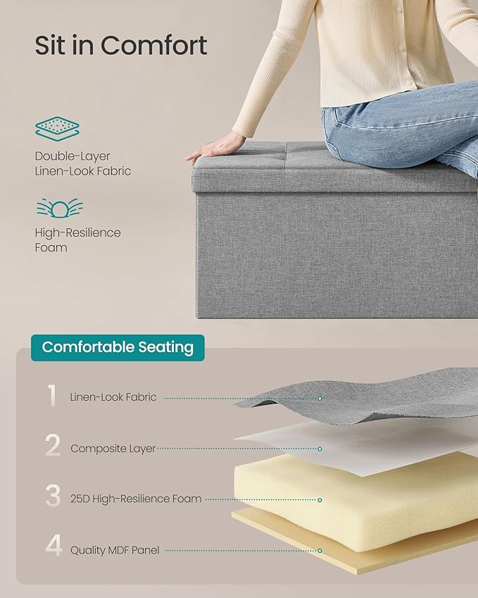 SONGMICS MAZIE Collection - 43 Inches Folding Storage Ottoman Bench, Ottoman Foot Rest, End of Bed Bench, Storage Chest, Load