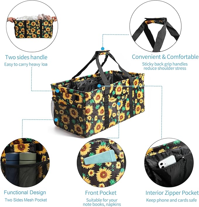 Joyfol Day Extra Large Utility Tote Bag, Reusable Grocery Bags Foldable, Upgraded Metal Frame, With Sturdy Handles Reinforced Bottom Heavy Duty Oxford Fabric Moving Shopping Bags, Sunflower