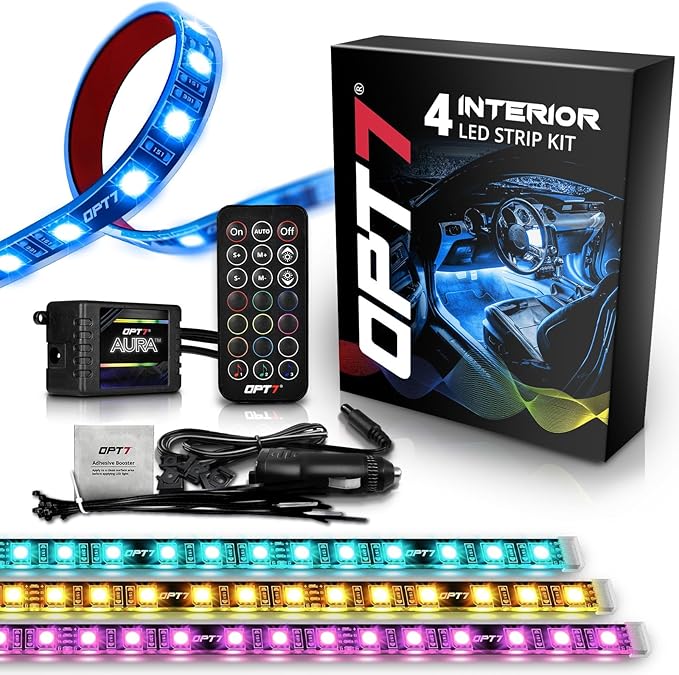 OPT7 Aura Interior Car Lights with Remote Control, Color Change, Music Sync Inside Ambient Lighting Kit, LED Light for Cars Trucks Under Dash Accessories, 4pc Single LED Strip, Easter Gifts