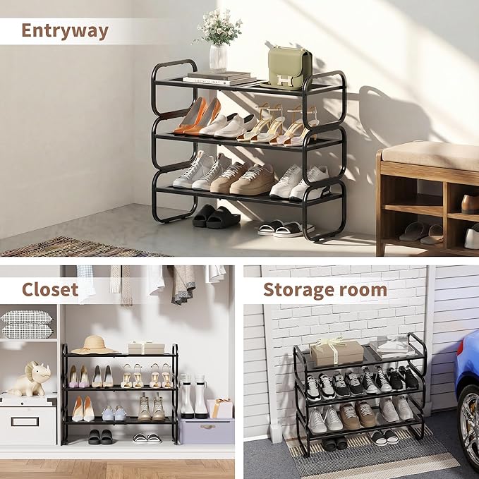 3 Tier Shoe Rack - Expandable Shoe Organizer for Closet, Adjustable Metal Shoe Shelf Storage, Stackable Long Shoe Stand Holde