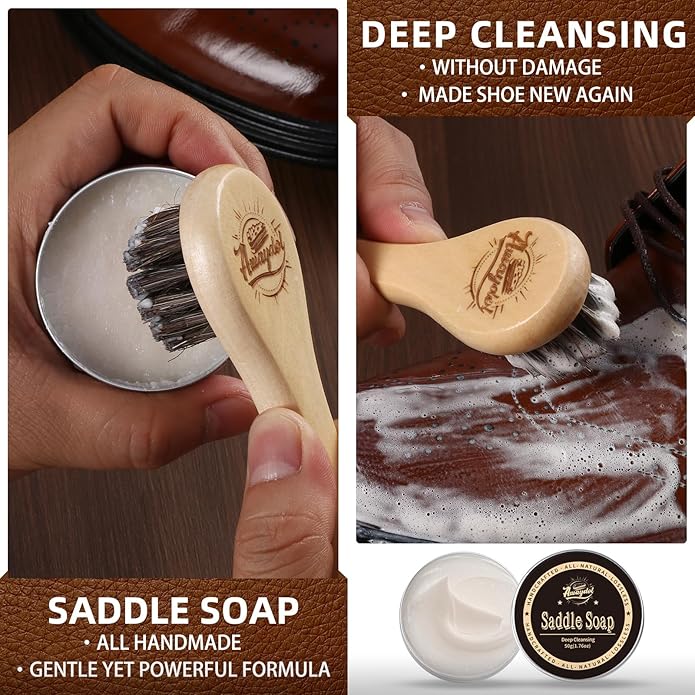 10 PCS Leather Care Kit - Horsehair Brushes,Saddle Soap,Waterproofing Wax,Mink Oil Conditioner,Polishing Cloth,Microfiber clo